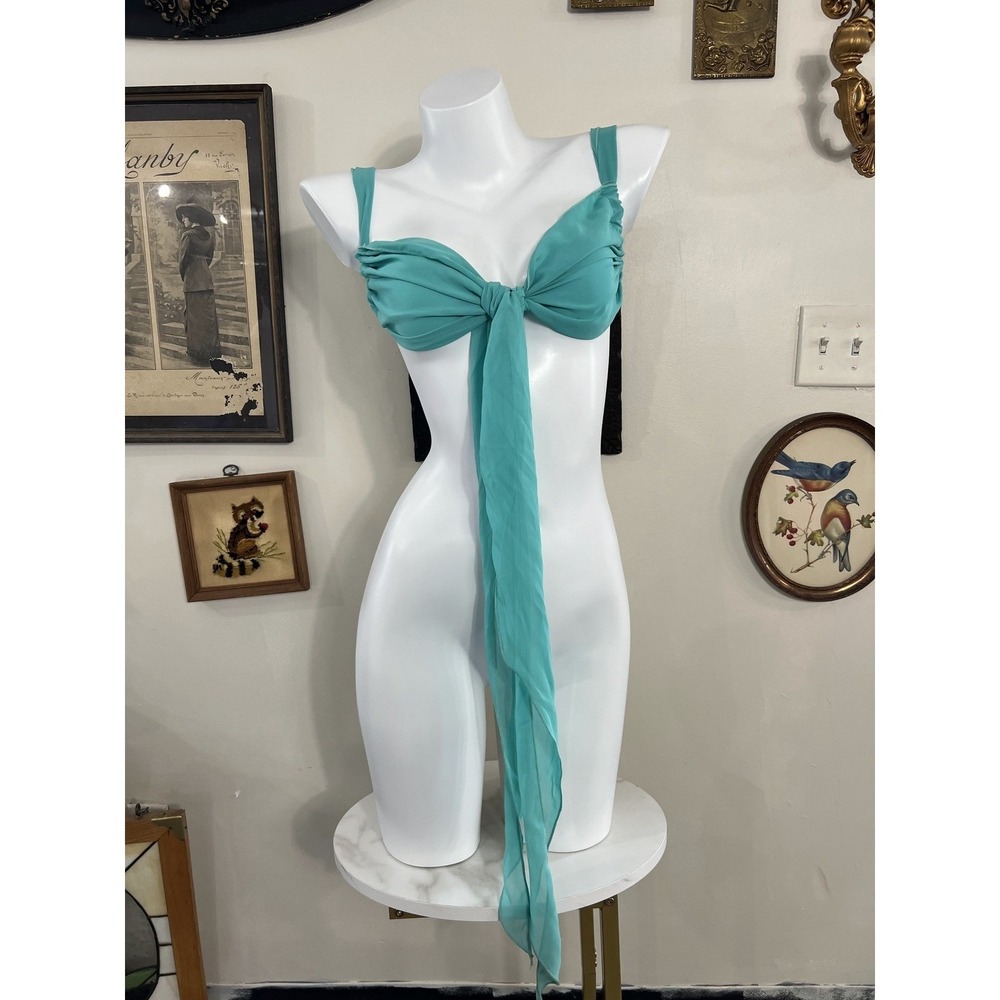 Vintage Y2K Lani Turquoise Chiffon Front-Tie Crop Top Blouse Size m